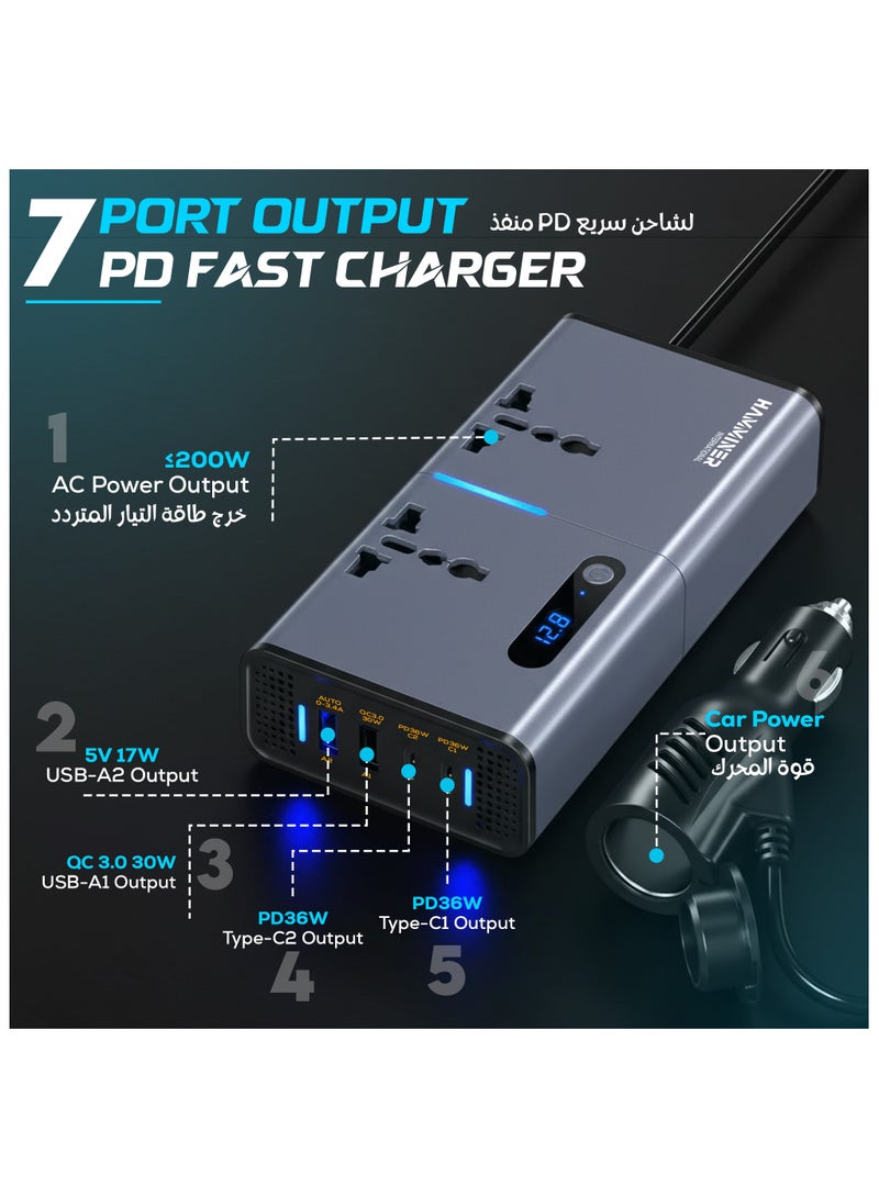 HAMMINER 200W Car Power Inverter DC 12V To 220V AC Car Inverter With 2 USB & 2 Type-C & 2 AC Outlets For Laptop Car Plug Adapter Car Power Inverter Car Charger Fast Charger LED Display Cigarette Lighter Connector, Perfect For Cars, SUVs & Trucks - Image 3